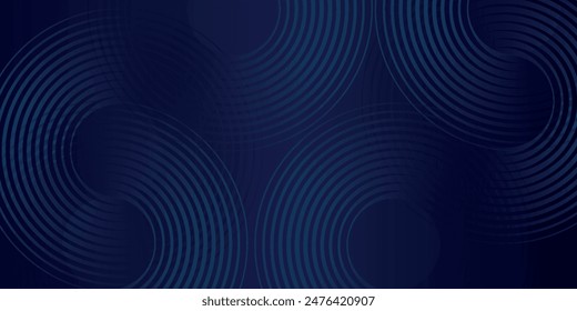 Abstrakte leuchtende Kreislinien auf dunkelblauem Hintergrund. Geometrisches Streifenliniendesign. Moderne glänzende blaue Linien. Futuristisches Technologiekonzept. Anzug für Plakat, Umschlag, Banner, Broschüre, Website