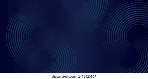Abstrakte leuchtende Kreislinien auf dunkelblauem Hintergrund. Geometrisches Streifenliniendesign. Moderne glänzende blaue Linien. Futuristisches Technologiekonzept. Anzug für Plakat, Umschlag, Banner, Broschüre, Website