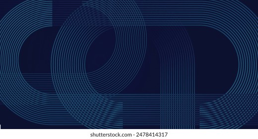 Abstractas líneas de círculo brillante sobre fondo azul oscuro. Diseño de arte geométrico de línea de franjas. Líneas azules brillantes modernas. Concepto de tecnología futurista. Traje para póster, cubierta, línea de Vector de Anuncio abstracto