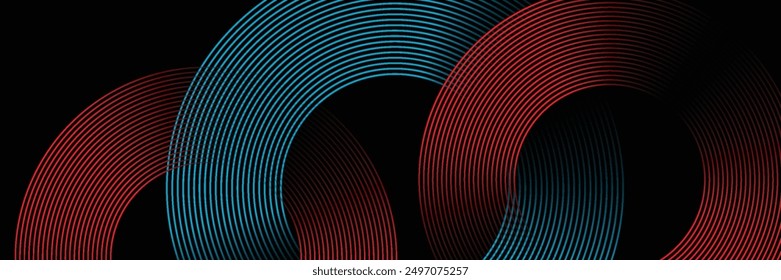 Abstrakte leuchtende Kreislinien auf schwarzem Hintergrund. Geometrisches Streifenlinien-Kunstdesign. Moderne, glänzende blaue Linien. Futuristisches Technologiekonzept. 