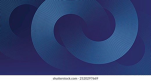 Abstract glowing circle lines on dark blue background. Geometric line art design. Modern glossy blue outline. Futuristic technology concept.