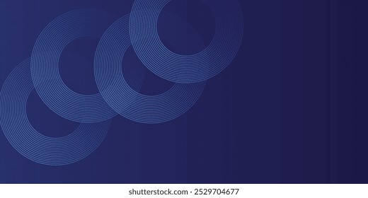 Abstrakte leuchtende Kreislinien auf dunkelblauem Hintergrund. Geometrisches Streifenlinien-Kunstdesign. Moderne, glänzende blaue Linien. Futuristisches Technologiekonzept. Anzug für Plakat,