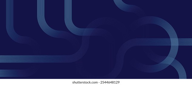 Abstract glowing circle lines on dark blue background. Geometric stripe line art design. Abstract Dark Blue Background with Overlapping Curved Lines and Circular Shapes. Minimalist Geometric Pattern.