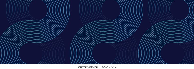Abstract glowing circle lines on dark blue background. Geometric stripe line art design.