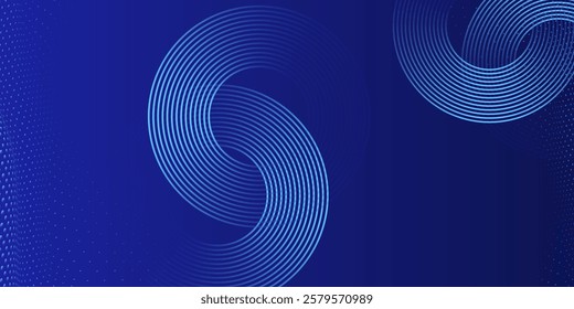 Abstract glowing circle lines on dark blue background. Geometric stripe line art design.
