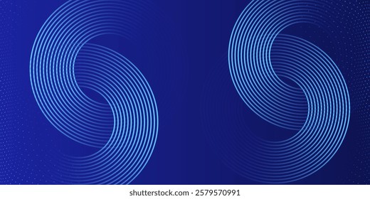 Abstract glowing circle lines on dark blue background. Geometric stripe line art design.