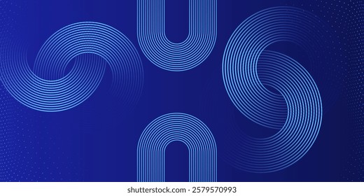 Abstract glowing circle lines on dark blue background. Geometric stripe line art design.