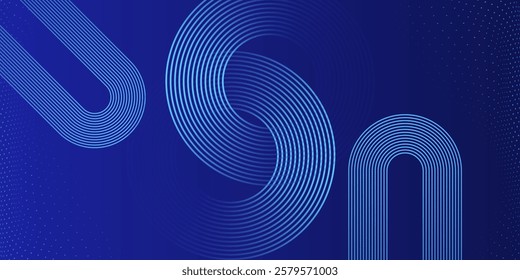 Abstract glowing circle lines on dark blue background. Geometric stripe line art design.