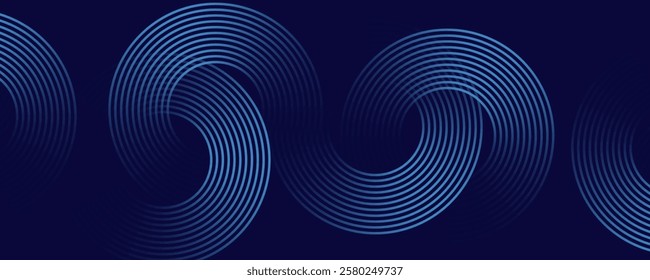 Abstract glowing circle lines on dark blue background. Geometric stripe line art design. 