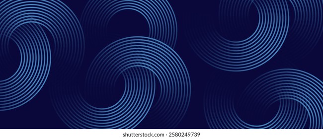 Abstract glowing circle lines on dark blue background. Geometric stripe line art design. 