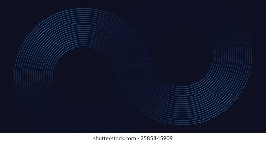 Abstract glowing circle lines on dark blue background. Geometric stripe line art design.