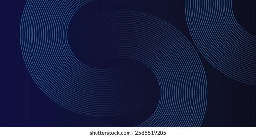 Abstract glowing circle lines on dark blue background. Geometric stripe line art design. Modern shiny blue lines