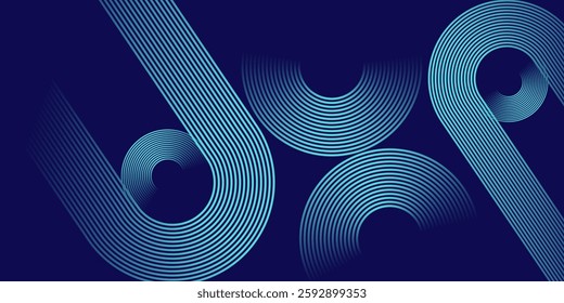 Abstract glowing circle lines on dark blue background. Geometric stripe line design blue circle lines pattern. Futuristic