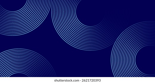 Linhas de círculo brilhantes abstratas em plano de fundo azul escuro. Projeto de arte de linha de faixa geométrica. Modernas linhas azuis brilhantes. Conceito de tecnologia futurista. Terno para cartaz,