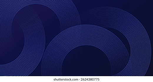 Linhas de círculo brilhantes abstratas em plano de fundo azul escuro. Projeto de arte de linha de faixa geométrica. Modernas linhas azuis brilhantes. Conceito de tecnologia futurista. vetores eps10