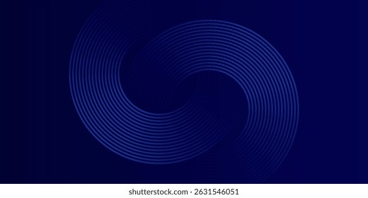 Abstrakte leuchtende Kreislinien auf dunkelblauem Hintergrund. Geometrisches Streifenlinien-Kunstdesign. Moderne, glänzende blaue Linien. Futuristisches Technologiekonzept. Anzug modern