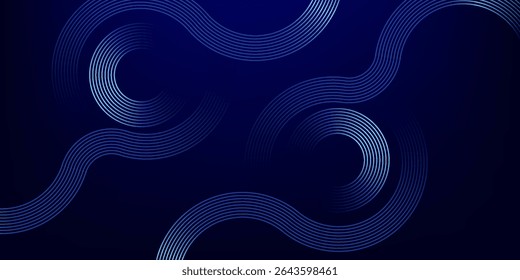 Abstrakte leuchtende Kreislinien auf dunkelblauem Hintergrund. Geometrisches Streifenlinien-Kunstdesign. Moderne, glänzende blaue Linien. Futuristisches Technologiekonzept.