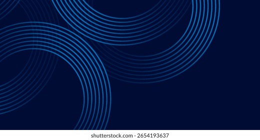 Abstractas líneas circulares brillantes sobre fondo azul oscuro. Diseño geométrico del arte de la línea de la raya. Líneas azules brillantes modernas. Concepto de tecnología futurista. Traje para el cartel