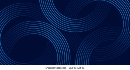 Abstractas líneas circulares brillantes sobre fondo azul oscuro. Diseño geométrico del arte de la línea de la raya. Líneas azules brillantes modernas. Concepto de tecnología futurista. Traje para el cartel