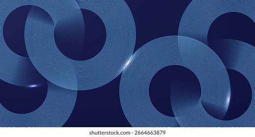 Abstrakte leuchtende Kreislinien auf dunkelblauem Hintergrund. Geometrisches Streifenlinien-Kunstdesign. Moderne, glänzende blaue Linien. Futuristisches Technologiekonzept. Anzug für Poster, Cover, Banner, Broschüre, Website