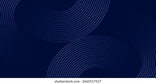 Abstrakte leuchtende Kreislinien auf dunkelblauem Hintergrund. Geometrisches Streifenlinien-Kunstdesign. Moderne, glänzende blaue Linien. Futuristisches Technologiekonzept. EPS10