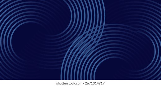 Linhas de círculo brilhantes abstratas em plano de fundo azul escuro. Projeto de arte de linha de faixa geométrica.