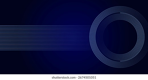 Abstrakte leuchtende Kreislinien auf dunkelblauem Hintergrund. Geometrisches Streifenlinien-Kunstdesign. Moderne, glänzende blaue Linien. Futuristisches Technologiekonzept. Anzug für Poster, Cover, Banner, Broschüre, Website