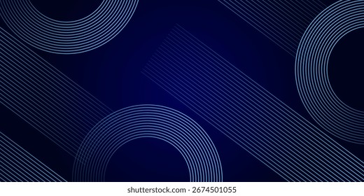 Linhas de círculo brilhantes abstratas em plano de fundo azul escuro. Projeto de arte de linha de faixa geométrica. Modernas linhas azuis brilhantes. Conceito de tecnologia futurista. Terno para cartaz, capa, banner, brochura, site