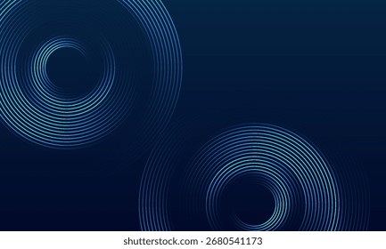Abstrakte leuchtende Kreislinien auf dunkelblauem Hintergrund. Geometrisches Streifenlinien-Kunstdesign. Moderne, glänzende blaue Linien. Futuristisches Technologiekonzept. Anzug für Poster