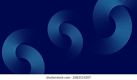 Abstract glowing circle lines on dark blue background. Geometric stripe line art design.