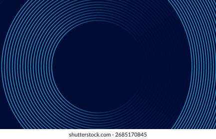 Abstractas líneas circulares brillantes sobre fondo azul oscuro. Diseño geométrico del arte de la línea de la raya. Líneas azules brillantes modernas. Concepto de tecnología futurista. Traje para el cartel