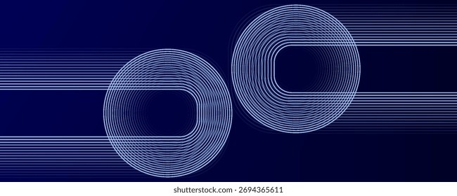 Abstrakte leuchtende Kreislinien auf dunkelblauem Hintergrund. Geometrisches Streifenlinien-Kunstdesign. Moderne, glänzende blaue Linien. Futuristisches Technologiekonzept.