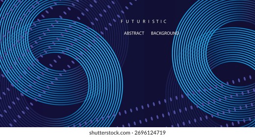 Abstrakte leuchtende Kreislinien auf dunkelblauem Hintergrund. Geometrisches Streifenlinien-Kunstdesign. Futuristische Technologie Einfaches und trendiges Banner-Hintergrundkonzept. 