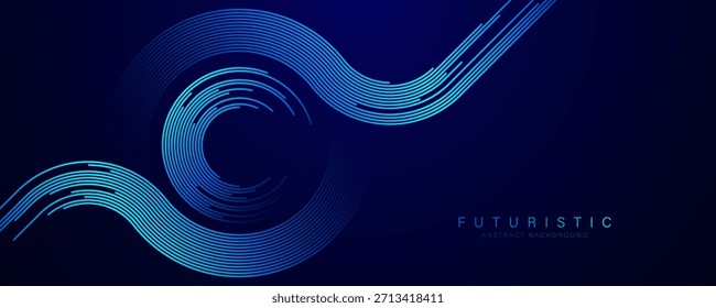 Abstract glowing circle lines on dark blue background. Geometric stripe line art design. Modern shiny blue lines. Futuristic technology concept. Suit for business, poster, banner, corporate, website