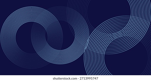 Abstrakte leuchtende Kreislinien auf dunkelblauem Hintergrund. Geometrisches Streifenlinien-Kunstdesign. Moderne, glänzende blaue Linien. Futuristisches Technologiekonzept. Vektorgrafik.