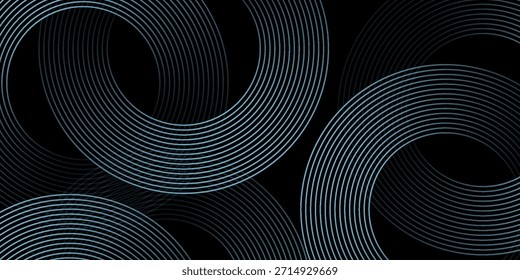 Abstract glowing circle lines on a black background. Geometric striped line art design. Modern shiny blue lines. Futuristic technology concept. Suitable for posters, covers, banners, brochures, websites.