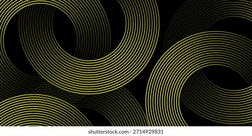 Abstrato linhas de círculo brilhantes em um fundo preto. Projeto geométrico de arte de linha listrada. Modernas linhas amarelas. Conceito de tecnologia futurista. Adequado para cartazes, capas, banners, brochuras e sites.