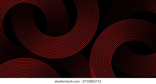 Abstractas líneas circulares brillantes sobre fondo negro. Diseño geométrico del arte de la línea de la raya. Líneas rojas brillantes modernas. Concepto de tecnología futurista. Traje para el cartel, cubierta, Anuncio, folleto, Sitio web