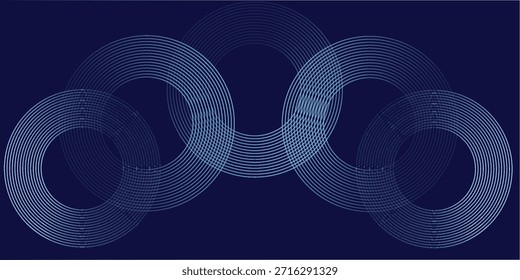 Linhas de círculo brilhantes abstratas em plano de fundo azul escuro. Projeto de arte de linha de faixa geométrica. Modernas linhas azuis brilhantes. Conceito de tecnologia futurista. Terno para cartaz, capa, banner, brochura, site