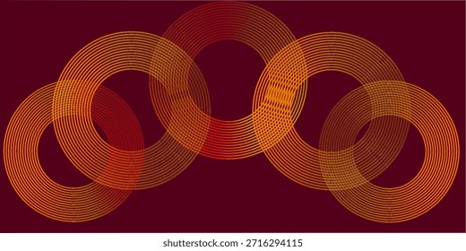 Abstractas líneas circulares brillantes sobre un fondo rojo oscuro. Diseño de arte de línea rayada geométrica. Modernas líneas de color naranja brillante. Concepto de tecnología futurista. Adecuado para carteles, cubiertas, Anuncios, folletos y Sitios web.
