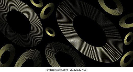 Abstract glowing circle lines on a dark yellow background. Geometric line art design. Modern shiny yellow lines. Futuristic technology concept. Suitable for posters, covers, banners, brochures, and websites. gold disc