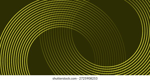Abstrakte leuchtende Kreislinien auf dunkelgelbem Hintergrund. Geometrisches Streifenlinien-Kunstdesign. Moderne, glänzende, gelbe Linien. Futuristisches Technologiekonzept. Anzug für Poster, Cover, Banner, Broschüre, Website