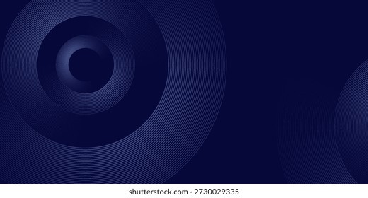 Abstrakte leuchtende Kreislinien auf dunkelblauem Hintergrund. Geometrisches Streifenlinien-Kunstdesign. Moderne, glänzende blaue Linien. Futuristisches Technologiekonzept. Anzug für Poster, Cover, Banner, Broschüre, Website