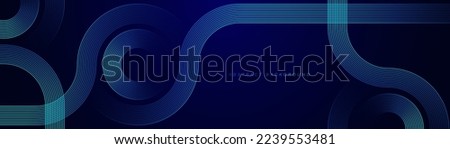 Abstract glowing circle lines on dark blue background. Geometric stripe line art design. Modern shiny blue lines. Futuristic technology concept. Horizontal banner template. Vector illustration