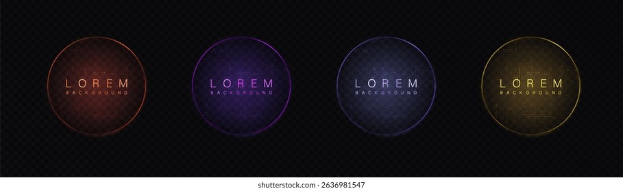 Abstract glowing circles HUD interfaces with circuit board textures in bright neon colors. For web banners and UIs. Vector