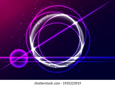 Resumen de círculos brillantes y líneas sobre un fondo morado oscuro.