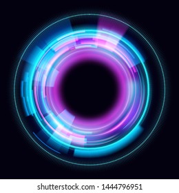 Abstract glowing circles on black background. Magic circle light effects. Illustration isolated on dark background. Mystical portal. Glow ring. Magic neon ball. Vector. Eps10