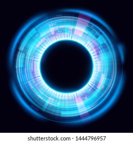 Abstract glowing circles on black background. Magic circle light effects. Illustration isolated on dark background. Mystical portal. Glow ring. Magic neon ball. Vector. Eps10