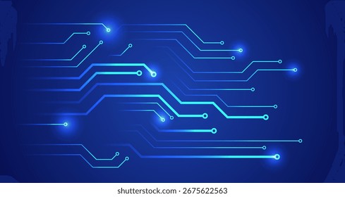 Abstractas líneas de circuitos brillantes sobre un fondo azul, que representan la tecnología digital, las redes y la innovación de alta tecnología.
