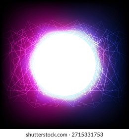 Abstract glowing circular frame with neon polygon lines and light particles on background, creating futuristic copy space for technology, digital energy, innovation themes, modern design layouts.
